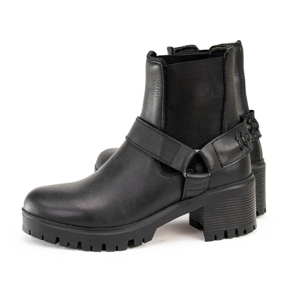 Milwaukee Leather Women's Black Braid Black Leather Ankle Fashion Boots with Elastic Panel and Block Heel - MBL9331