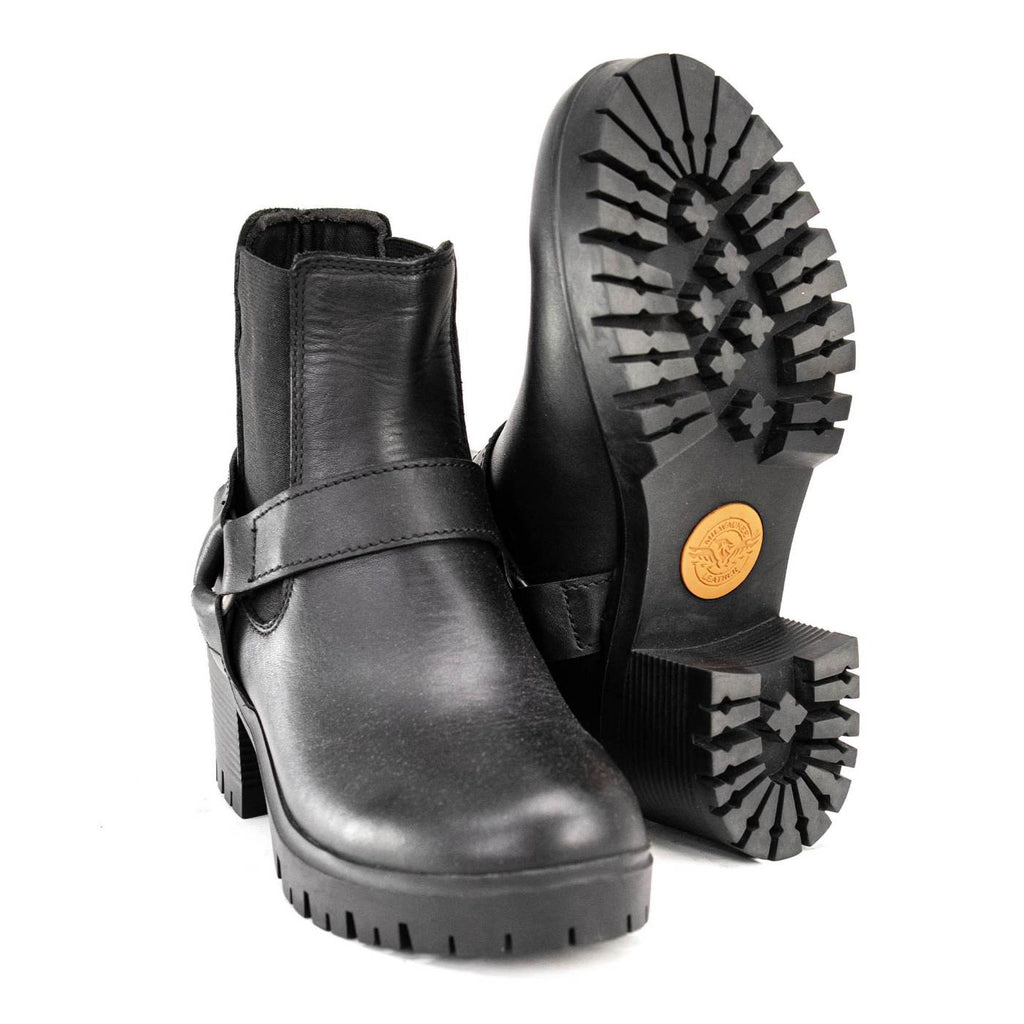 Milwaukee Leather Women's Black Braid Black Leather Ankle Fashion Boots with Elastic Panel and Block Heel - MBL9331