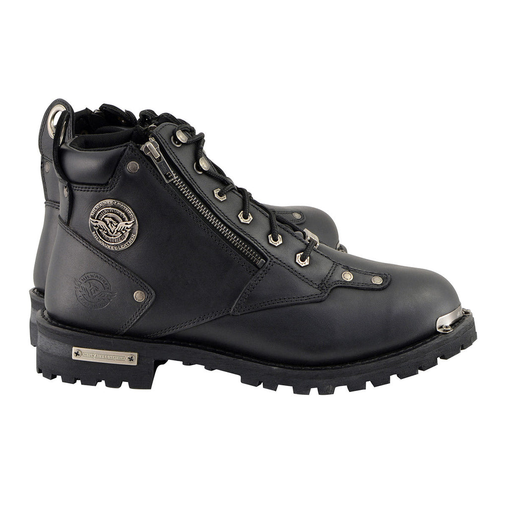 Milwaukee Leather MBM103W Men's Black Leather Lace-Up Wide-Width  Biker Boots w/ DualSide Zipper Entry