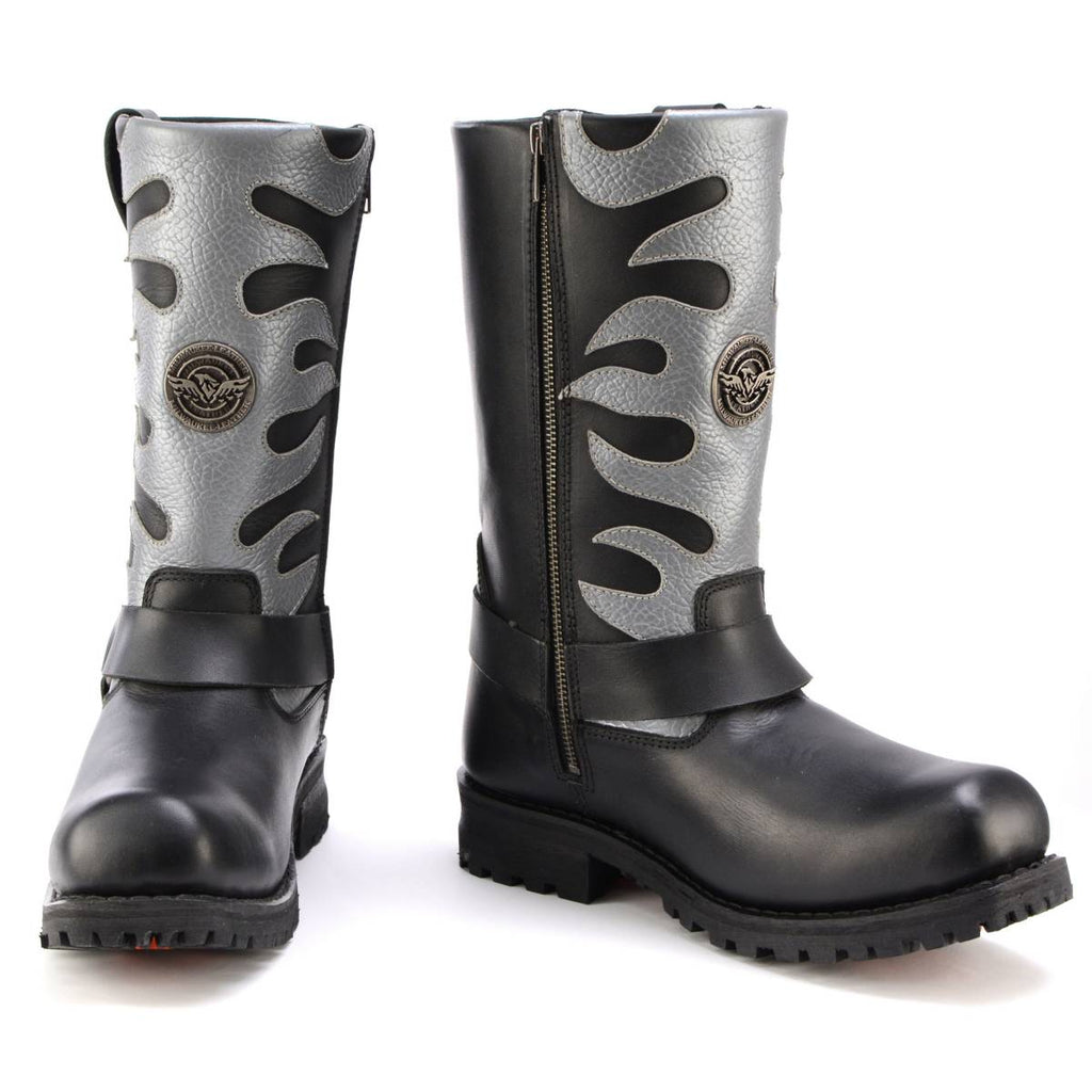 Milwaukee Leather Men’s Fire Fight Harness Boots – Black Leather w/ Silver Flames, 11″ Square Toe, Inside Zipper - MBM9067