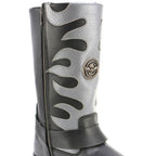 Milwaukee Leather Men’s Fire Fight Harness Boots – Black Leather w/ Silver Flames, 11″ Square Toe, Inside Zipper - MBM9067