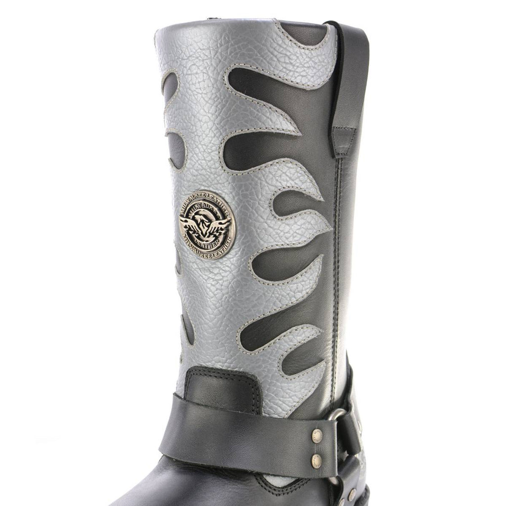 Milwaukee Leather Men’s Fire Fight Harness Boots – Black Leather w/ Silver Flames, 11″ Square Toe, Inside Zipper - MBM9067