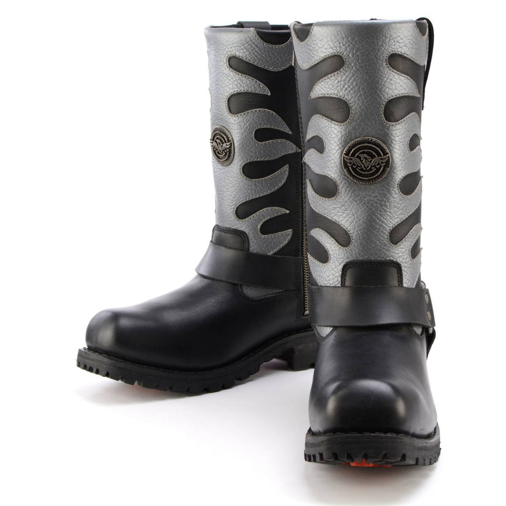 Milwaukee Leather Men’s Fire Fight Harness Boots – Black Leather w/ Silver Flames, 11″ Square Toe, Inside Zipper - MBM9067