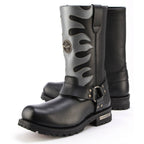 Milwaukee Leather Men’s Fire Fight Harness Boots – Black Leather w/ Silver Flames, 11″ Square Toe, Inside Zipper - MBM9067