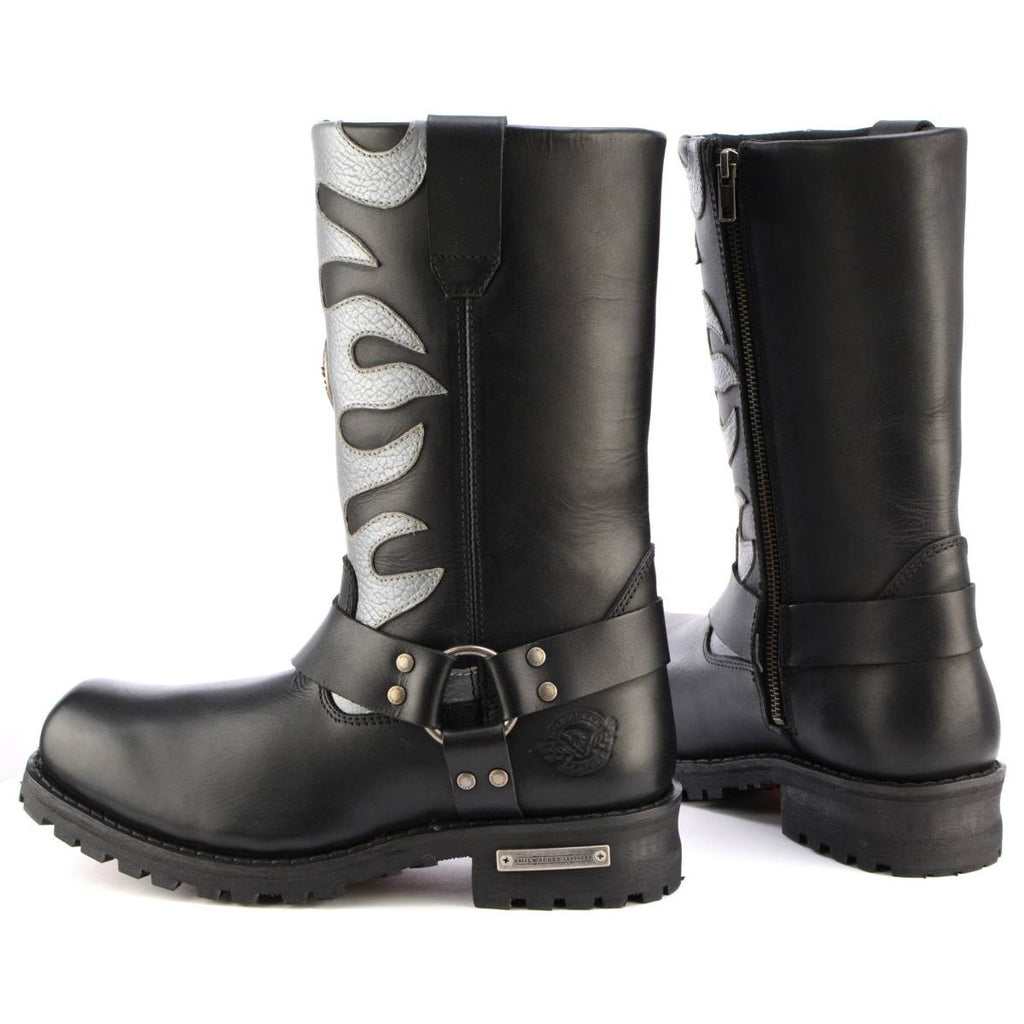 Milwaukee Leather Men’s Fire Fight Harness Boots – Black Leather w/ Silver Flames, 11″ Square Toe, Inside Zipper - MBM9067