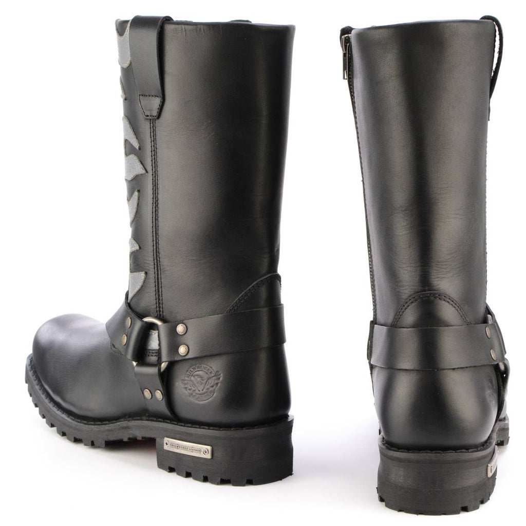 Milwaukee Leather Men’s Fire Fight Harness Boots – Black Leather w/ Silver Flames, 11″ Square Toe, Inside Zipper - MBM9067