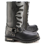 Milwaukee Leather Men’s Fire Fight Harness Boots – Black Leather w/ Silver Flames, 11″ Square Toe, Inside Zipper - MBM9067