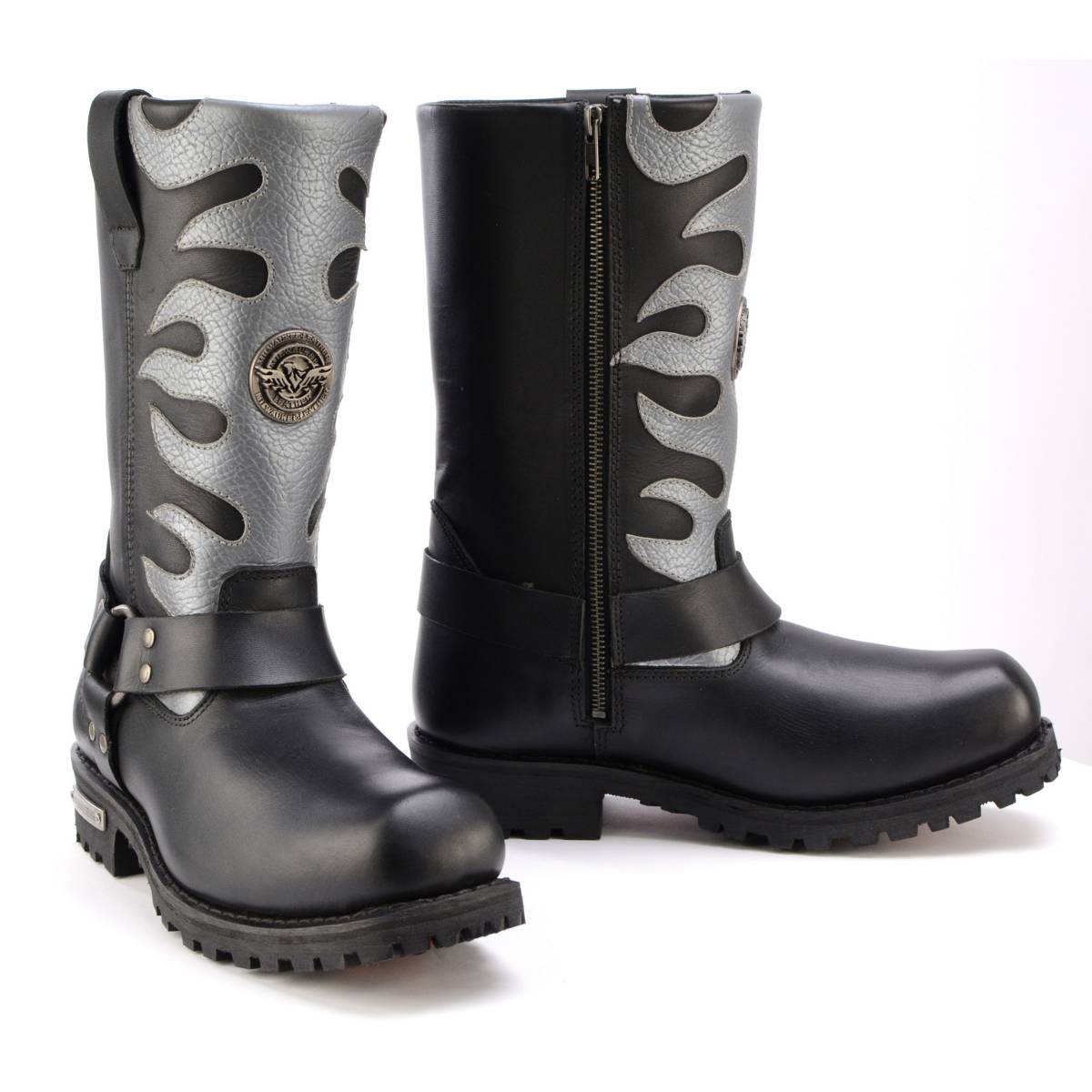 Milwaukee Leather Men’s Fire Fight Harness Boots – Black Leather w/ Silver Flames, 11″ Square Toe, Inside Zipper - MBM9067
