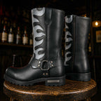 Milwaukee Leather Men’s Fire Fight Harness Boots – Black Leather w/ Silver Flames, 11″ Square Toe, Inside Zipper - MBM9067