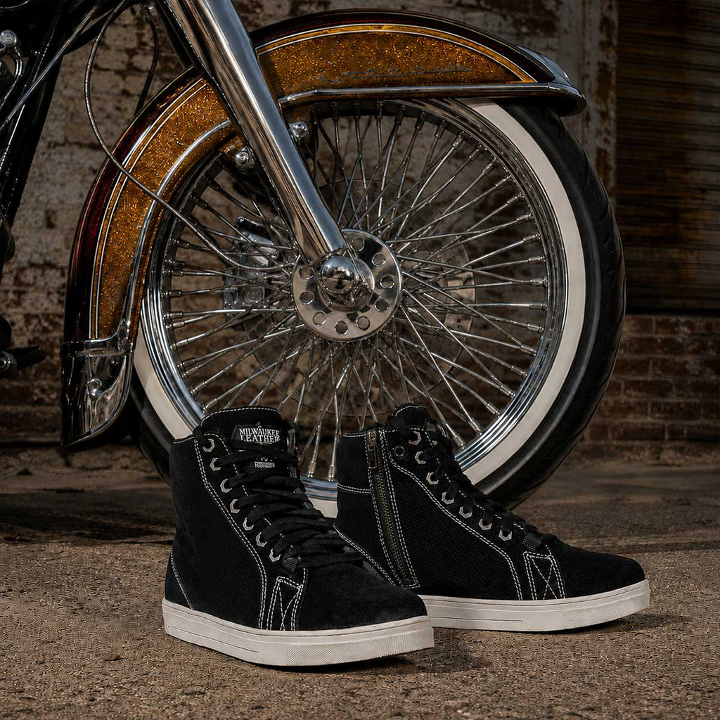 Milwaukee Leather Men's Roadstitch Black Suede Reinforced Street Riding Shoes w/ White Stitching - MBM9107