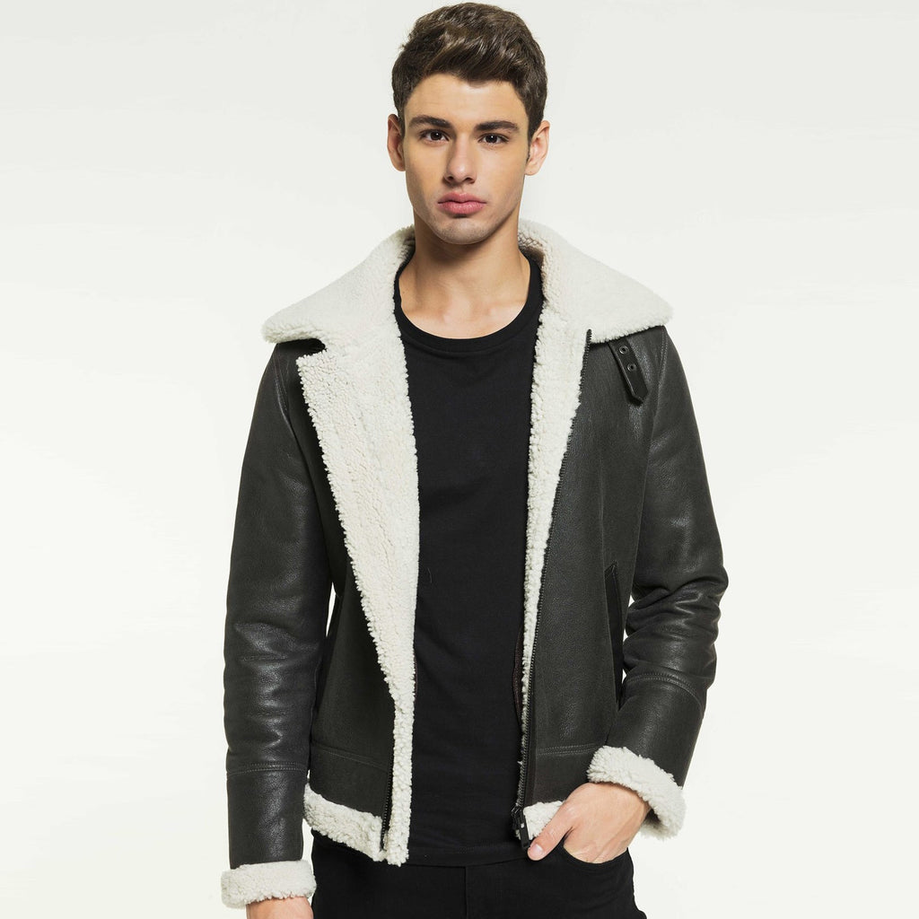 Men Aviator Grizzly Grey Shearling Jacket