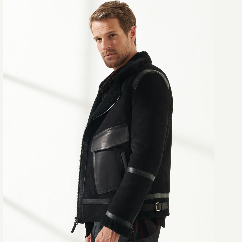 Men Aviator Raf B3 Black Shearling Leather Jacket