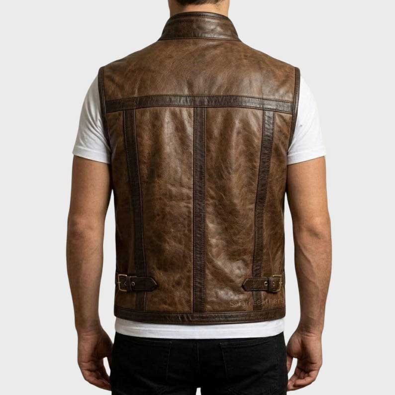 Men Cafe Racer Two Tone Brown Leather Vest Motorcycle Biker Waistcoat