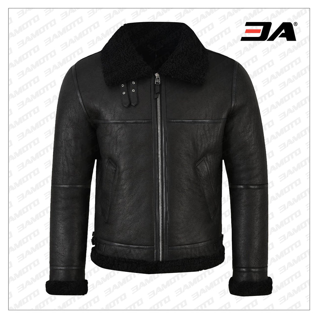 Men Jet Black Shearling Leather Jacket