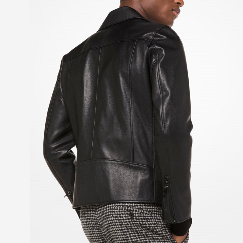Men Black Grained Leather Biker Jacket