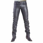 Men Black Genuine Leather Biker Pants with Buckle Strap Gothic Style