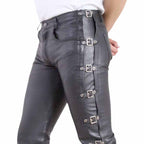 Men Black Genuine Leather Biker Pants with Buckle Strap Gothic Style
