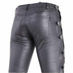 Men Black Genuine Leather Biker Pants with Buckle Strap Gothic Style