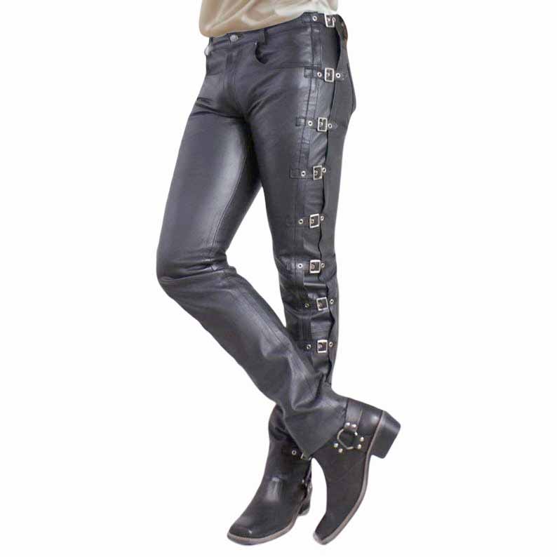 Men Black Genuine Leather Biker Pants with Buckle Strap Gothic Style