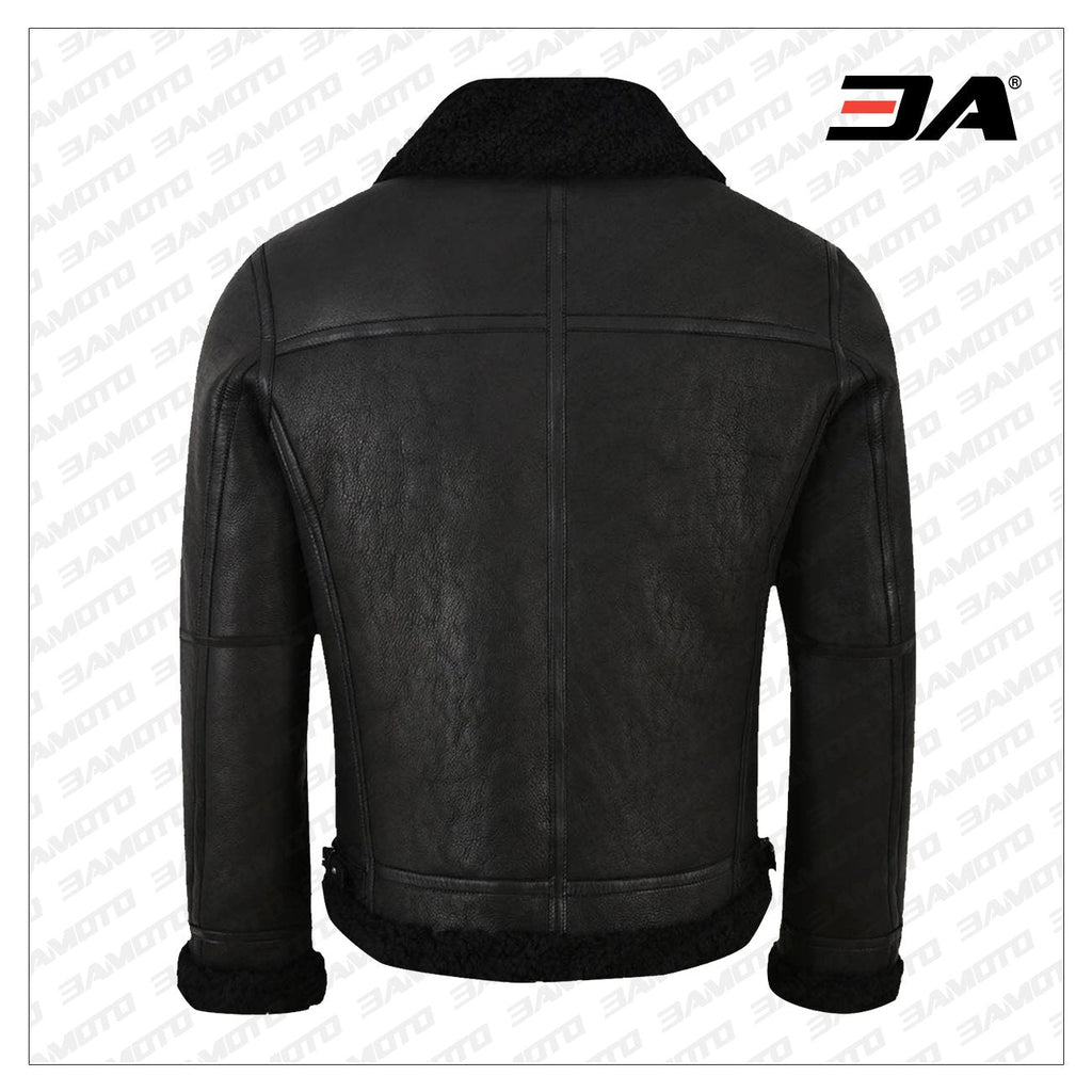 Men Jet Black Shearling Leather Jacket