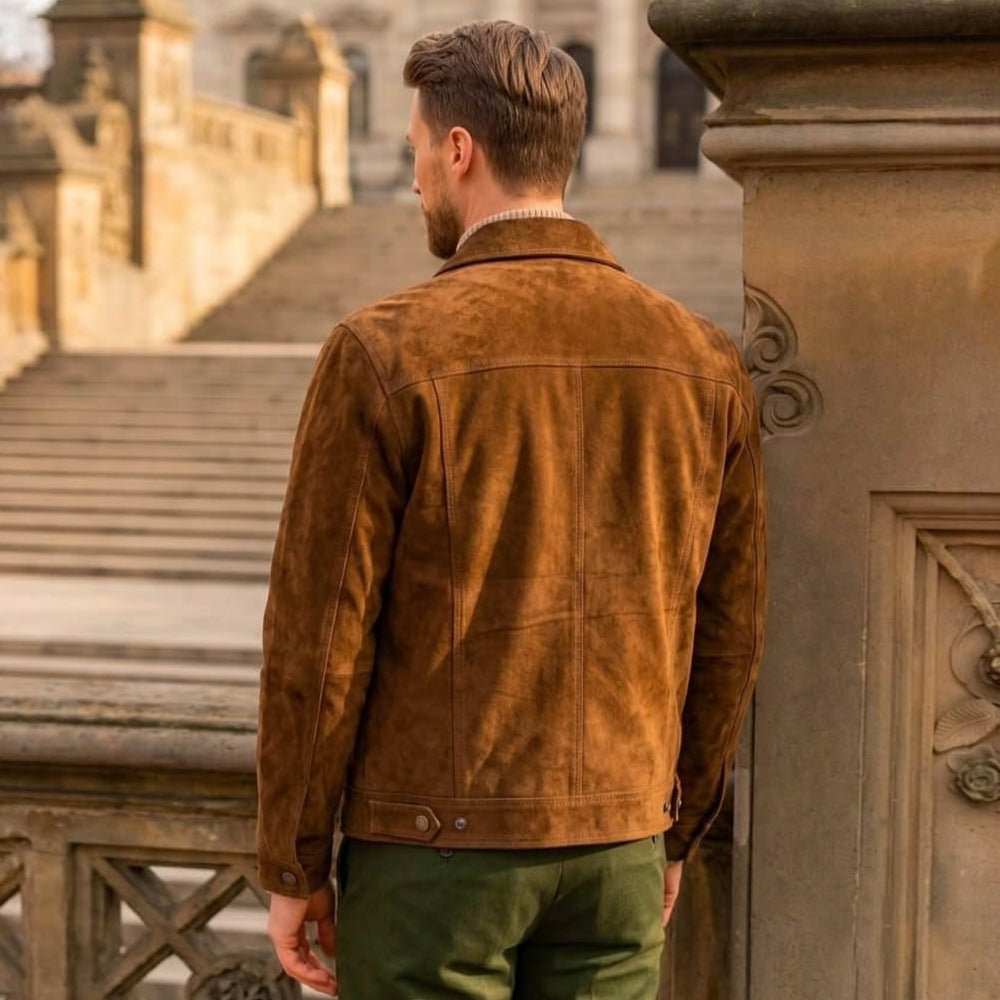 Men's Premium Genuine Suede Leather Trucker Jacket - Classic Slim Fit Casual Outerwear