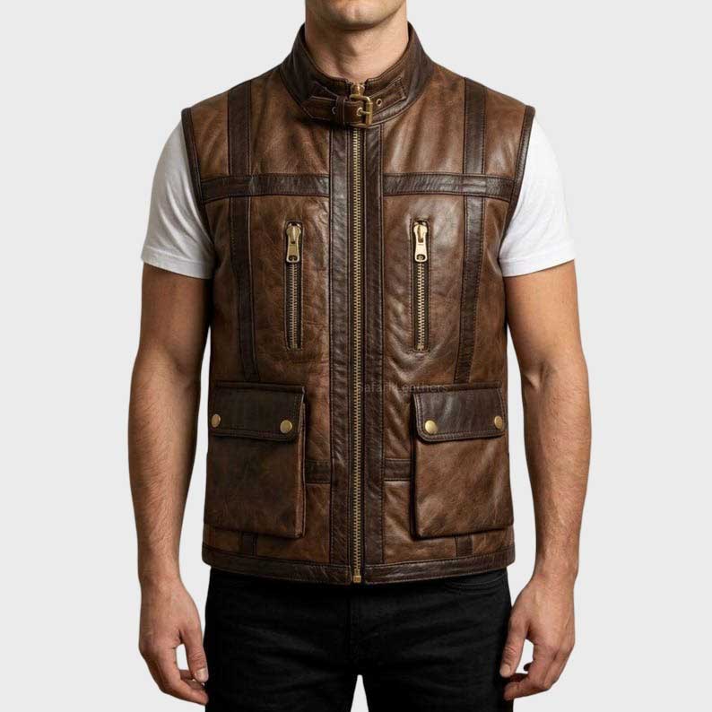 Men Cafe Racer Two Tone Brown Leather Vest Motorcycle Biker Waistcoat