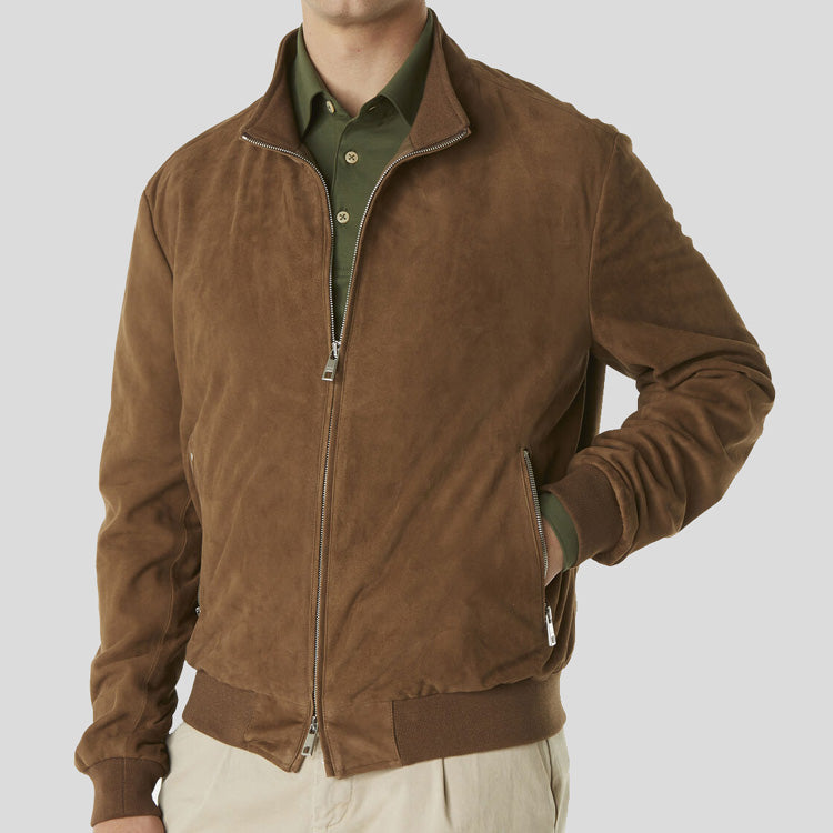 Men Dark Brown Suede Leather Bomber Jacket