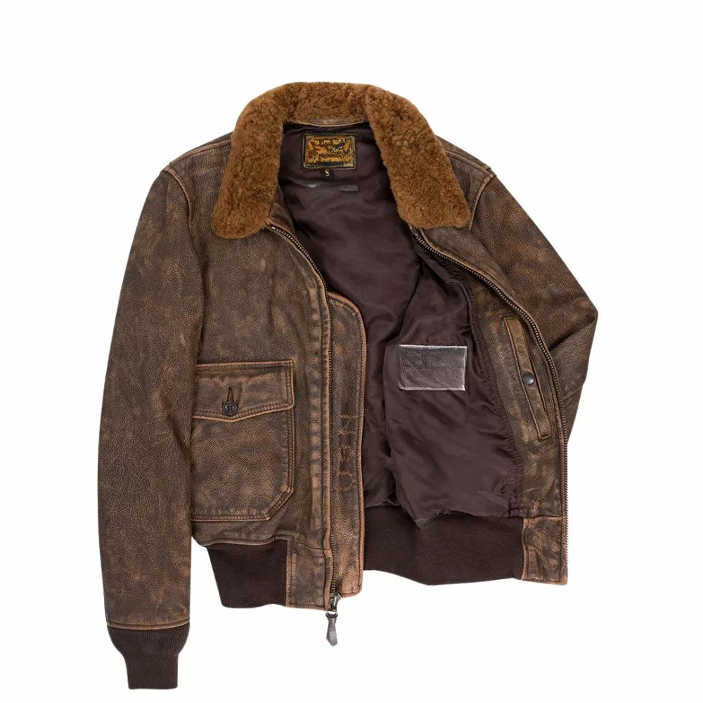 Men Usn Us Navy Aviator Air Forces G-1 Military Flight Bomber Distressed Brown Jacket