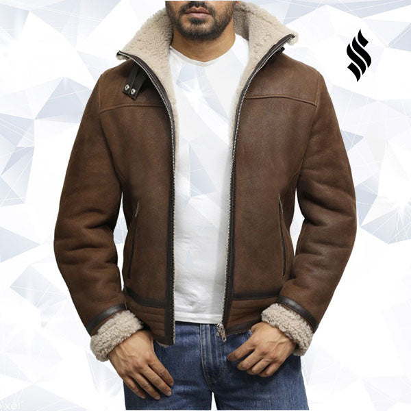 Men's Brown Genuine Shearling Sheepskin Leather Jacket Vintage