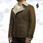 Men's Luxury Shearling Sheepskin Aviator Rust Brown Leather Flying Jacket Coat