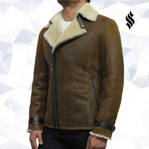 Men's Luxury Shearling Sheepskin Aviator Rust Brown Leather Flying Jacket Coat