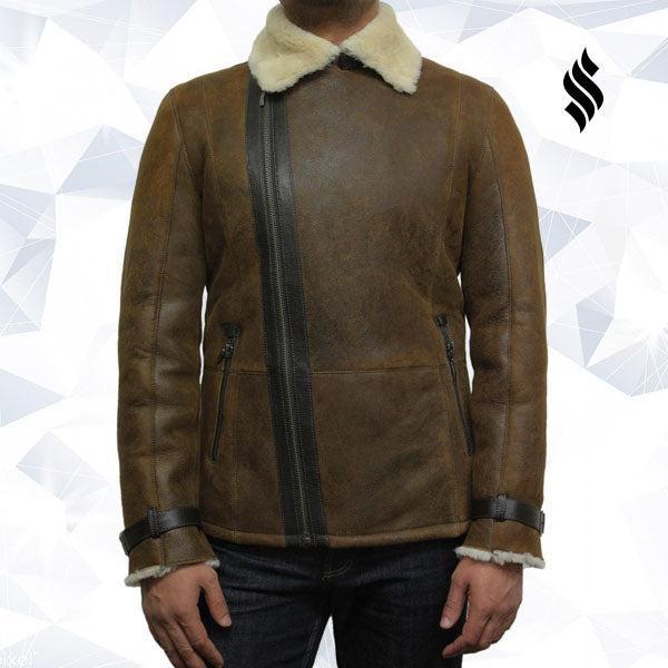 Men's Luxury Shearling Sheepskin Aviator Rust Brown Leather Flying Jacket Coat