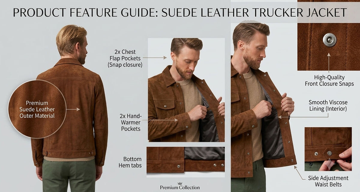 Men's Premium Genuine Suede Leather Trucker Jacket - Classic Slim Fit Casual Outerwear