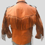 Men Tan Western Style Leather Jacket - Cowboy Fringe