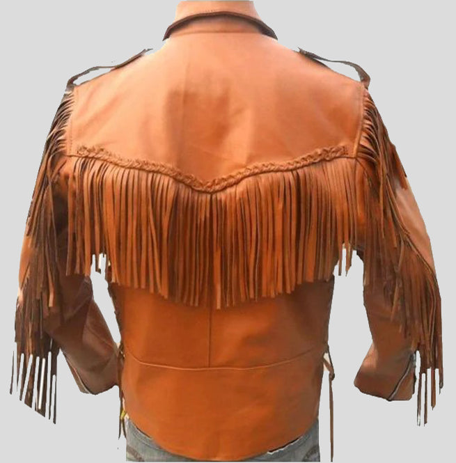 Men Tan Western Style Leather Jacket - Cowboy Fringe