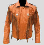 Men Tan Western Style Leather Jacket - Cowboy Fringe