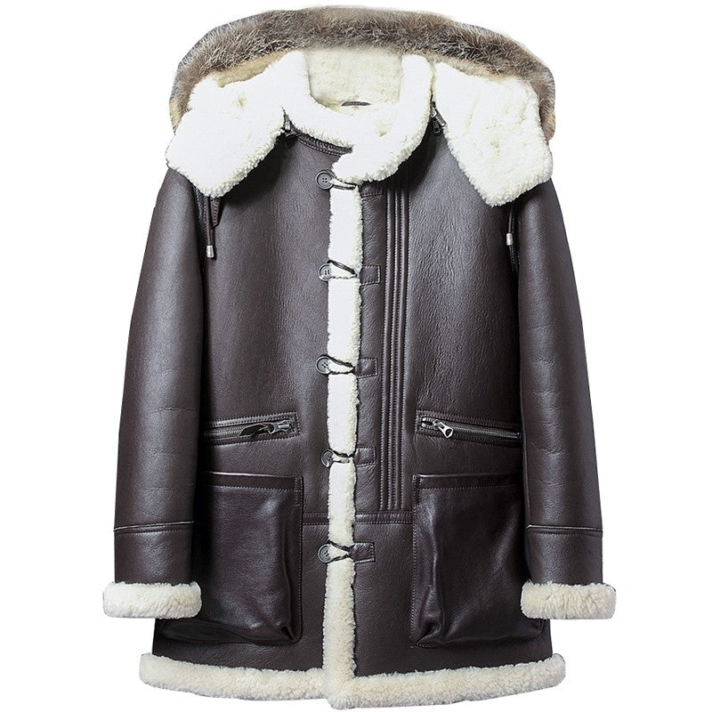 Men's Sheepskin Shearling Parka Coat with Detachable Hood