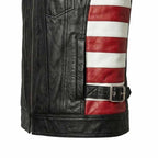 Men's American Flag Genuine Leather Biker Vest with Adjustable Side Straps