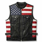 Men's American Flag Genuine Leather Biker Vest with Adjustable Side Straps