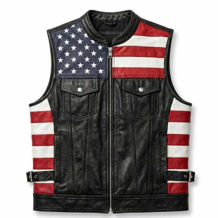 Men's American Flag Genuine Leather Biker Vest with Adjustable Side Straps