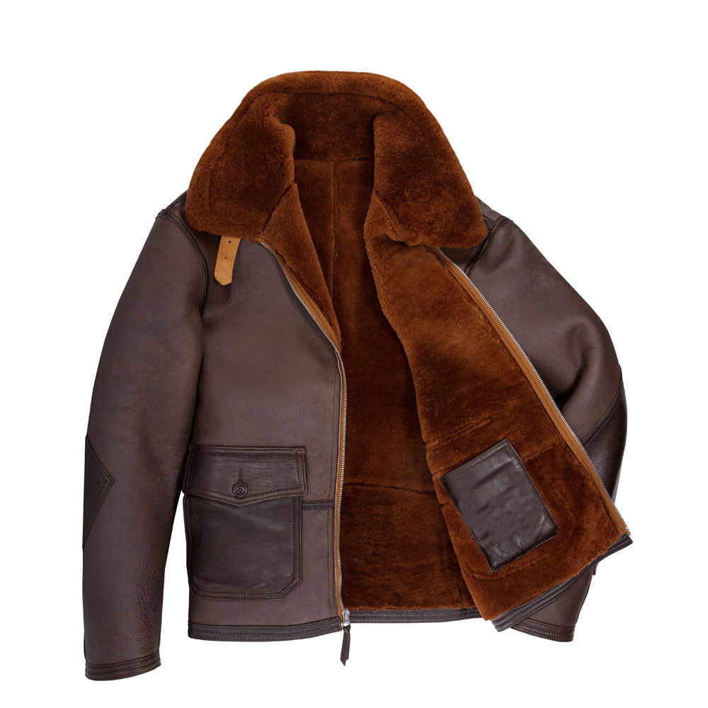 Men's AN-J-4 Dark Chocolate Sheepskin Aviator Jacket with Rust Shearling