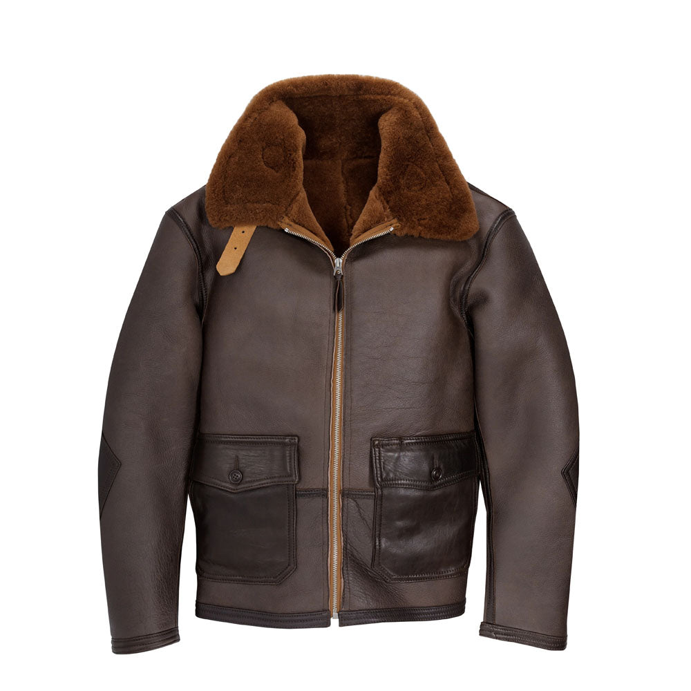 Men's AN-J-4 Dark Chocolate Sheepskin Aviator Jacket with Rust Shearling