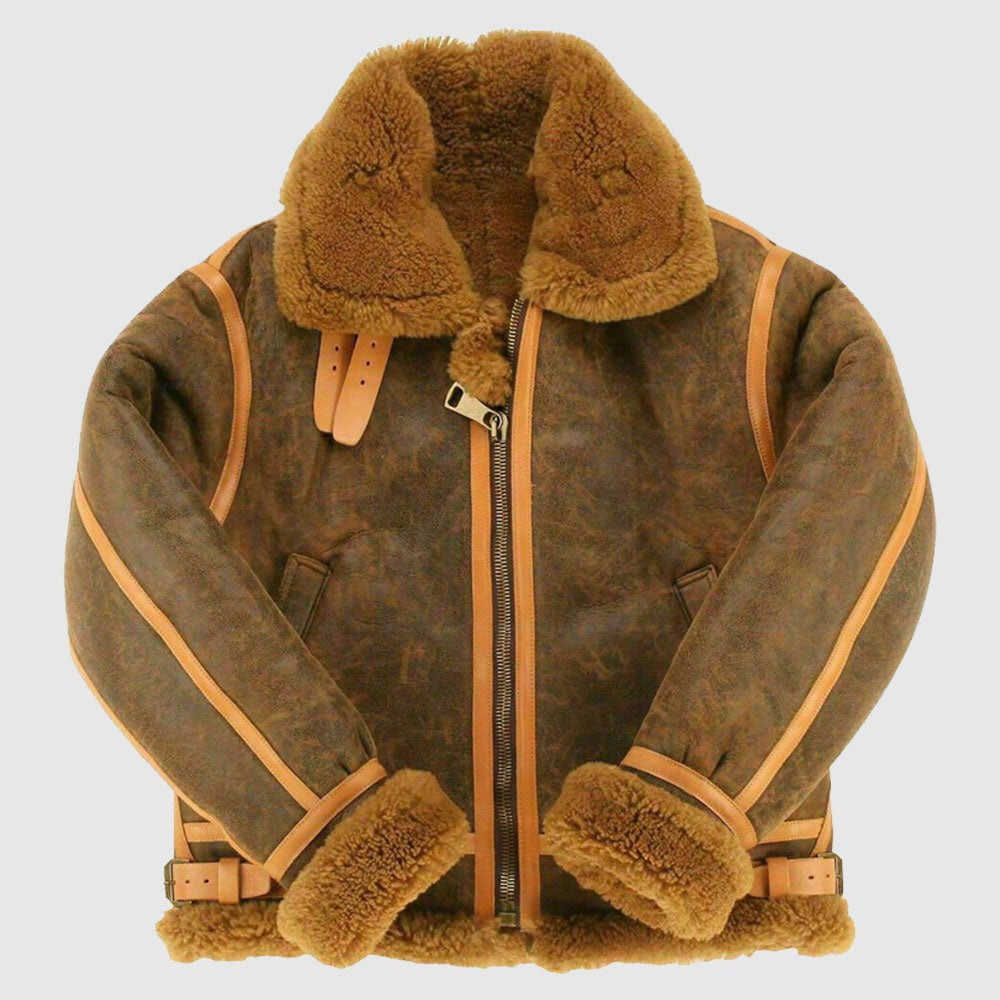 Men's Distressed Antique Brown B-3 Sheepskin Jacket with Cinnamon Shearling