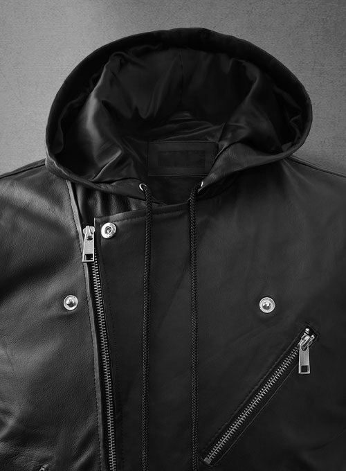 Men's Black Asymmetrical Biker MC Club Leather Hooded Vest