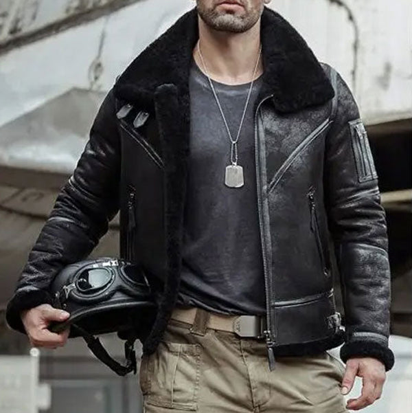 Mens Black Aviator Shearling Bomber Leather Jacket