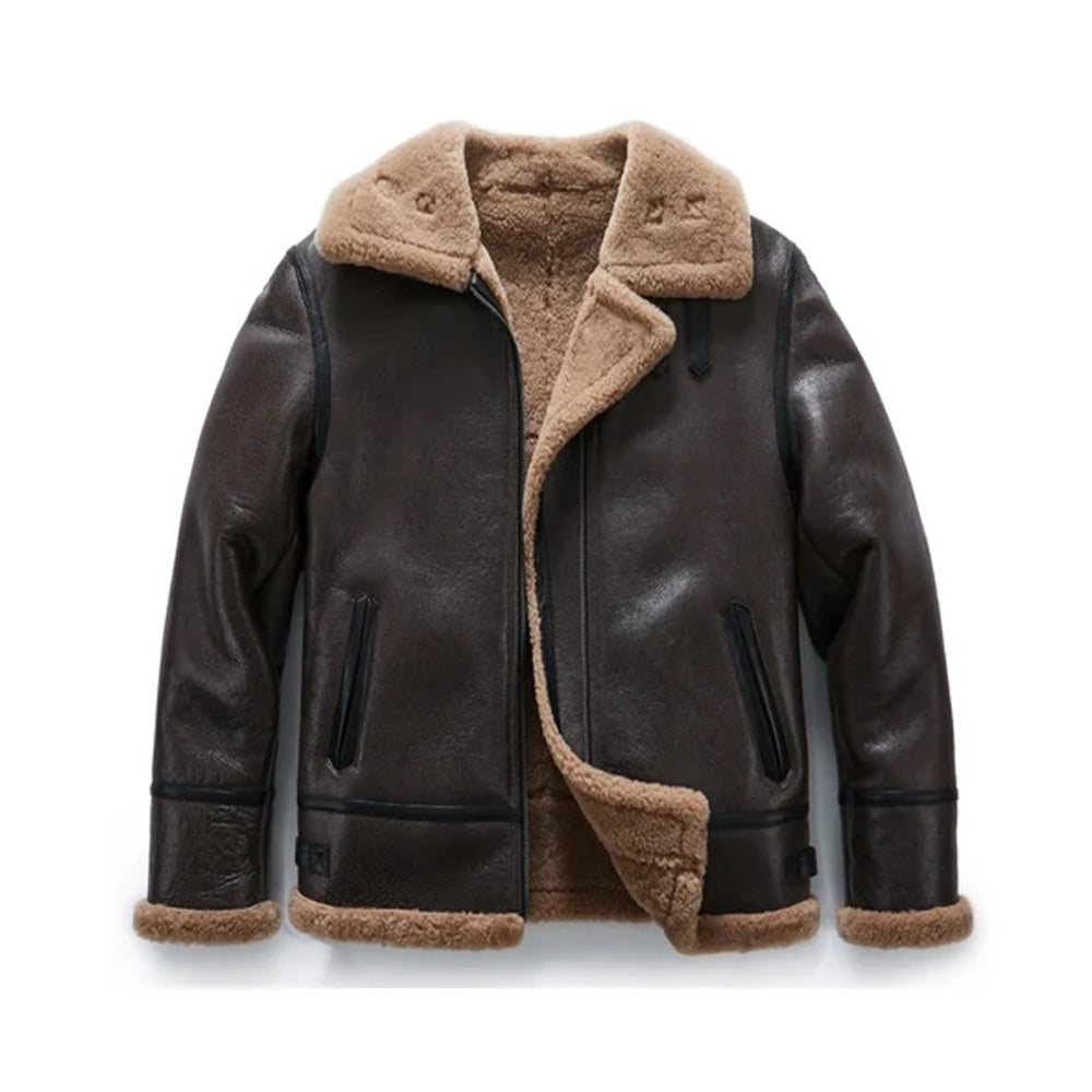 Men B3 Aviator Sheepskin Flight RAF Bomber Brown Leather Jacket