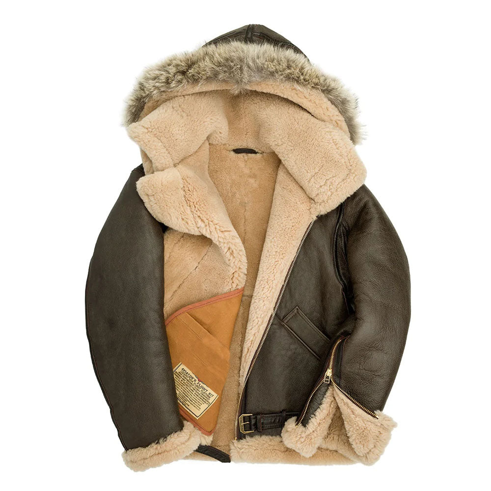 Men's Hooded B-3 Dark Brown Shearling Aviator Jacket