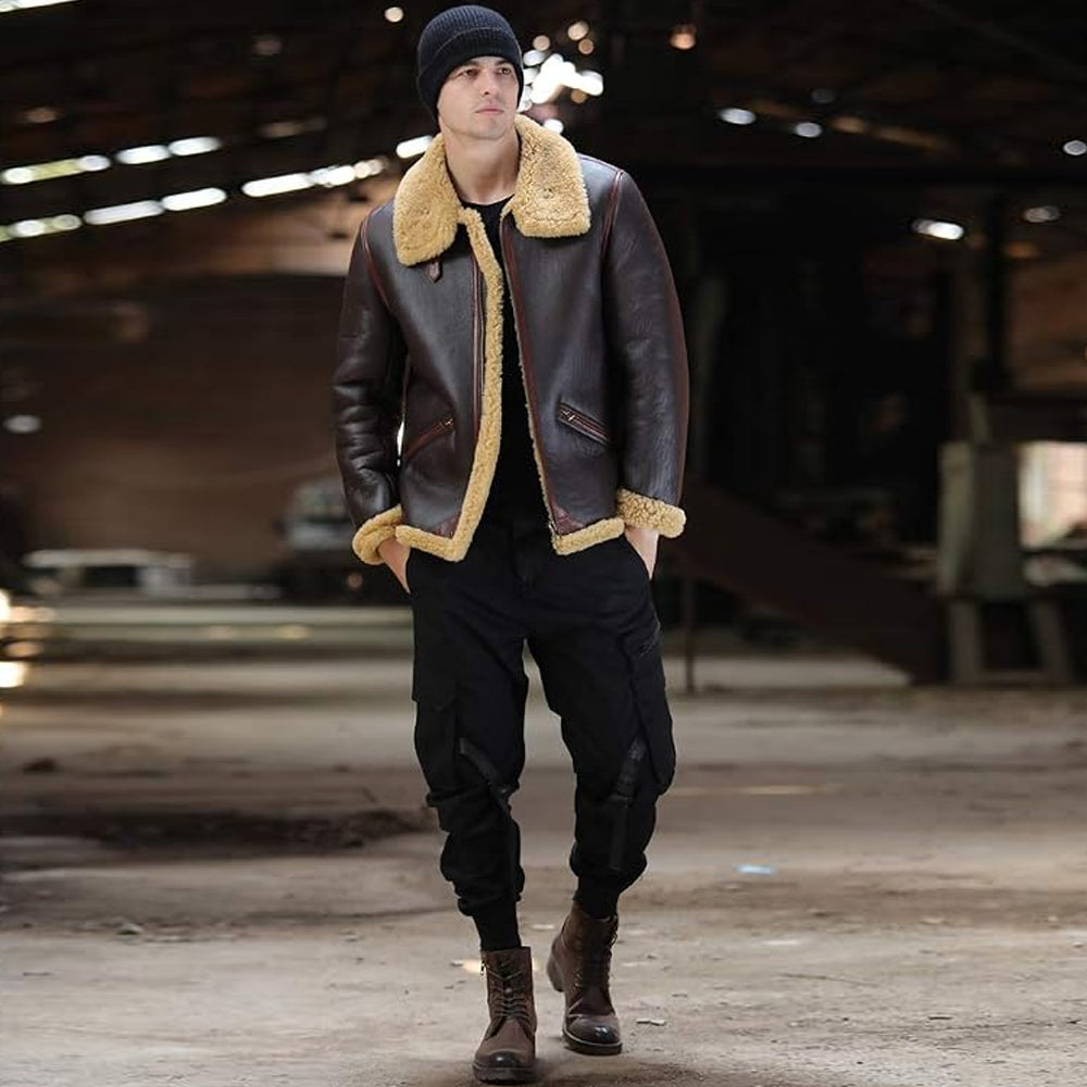 Men's Espresso Brown B-3 Bomber Jacket with Rust Contrast Piping