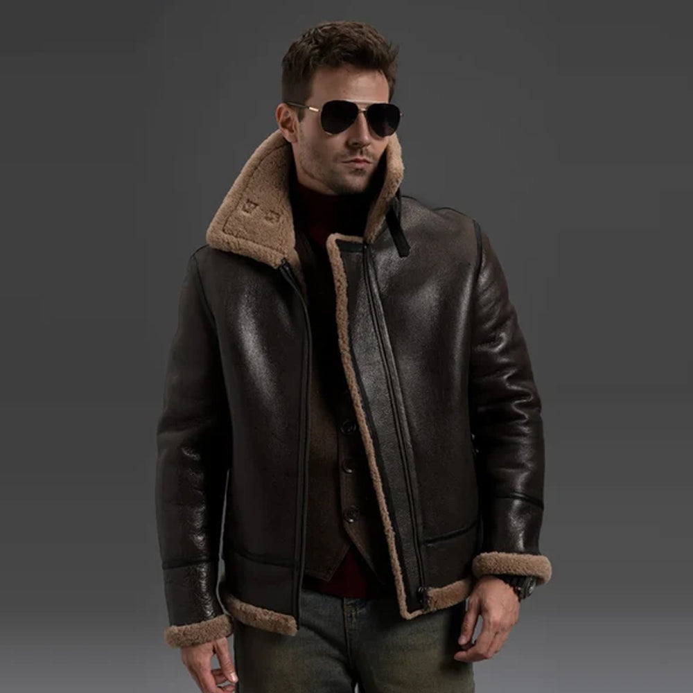 Men B3 Aviator Sheepskin Flight RAF Bomber Brown Leather Jacket