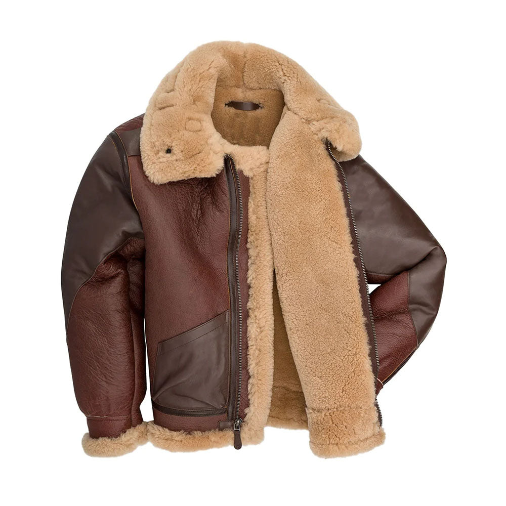 Men's B-3 Shearling Bomber Jacket with Cowhide Overlays & Cream Wool